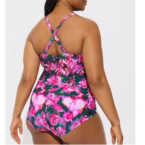 Torrid Plus Size 3 Pink Roses Wireless One Piece Lattice Lace Up Swimsuit 3X - Picture 3 of 4